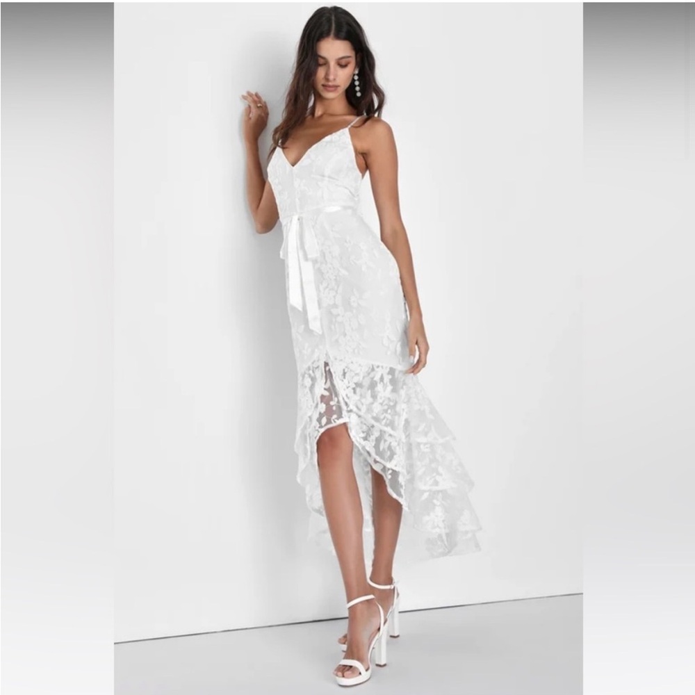 Floral lace white dress midi high to low